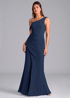 Azazie Madelyn Bridesmaid Dresses Dark Navy Mermaid Off the Shoulder Chiffon Convertible Dress image4