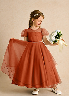Azazie Duckie vestidos de niña de las flores Vestido de Naranja Quemada de Tul de Princesa con Plisado image3