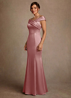 Azazie Aberdeen Vestidos para mãe da noiva Vestido Rosa Empoeirada de Cetim elástico de Bainha com Plissado image3
