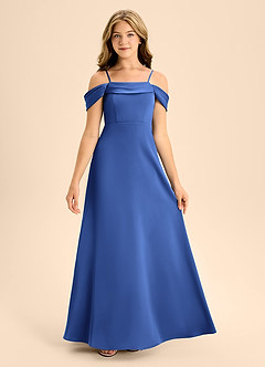 Azazie Anselie Junior Vestido de Azul Real de Satén Elástico de Corte En A con Vestidos sin tirantes image7
