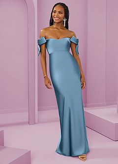 Barbie ♥ Azazie Bridesmaid Dresses Steel Blue Sheath Off the Shoulder Stretch Satin Convertible Dress image4