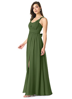 Azazie Olani Robes de demoiselle d'honneur Robe Trapèze Convertible en Mousseline de soie Épaule décolletée Olive image4