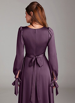 Azazie Leonia Bridesmaid Dresses Plum A-Line Long Sleeve Stretch Satin Dress image7