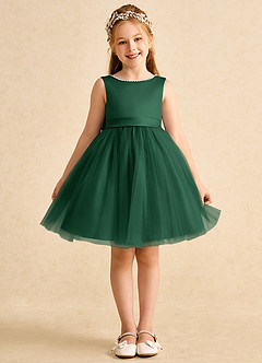Azazie Jani Flower Girl Dresses Dark Green A-Line Bow Tulle Dress image4