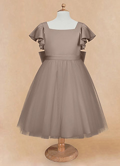 Azazie Kaeya Flower Girl Dresses Taupe A-Line Bow Tulle Dress image5