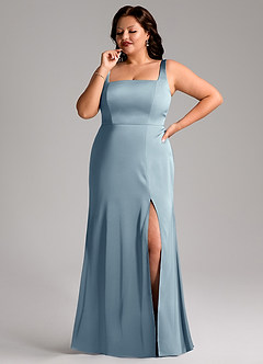 Azazie Frostine Bridesmaid Dresses Dusty Blue A-Line Bow Stretch Satin Dress image10