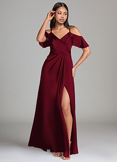 Azazie Dakota Robes de demoiselle d'honneur Robe Trapèze en Satin extensible Épaule décolletée Bourgogne image4