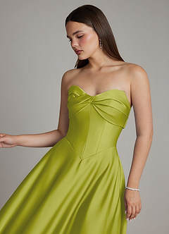 Azazie Meleena Bridesmaid Dresses Lemongrass A-Line Strapless Stretch Satin Dress image4