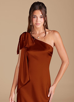Azazie Capri Bridesmaid Dresses Auburn Sheath One Shoulder Metallic Satin Dress image5
