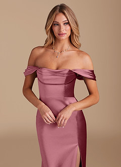 Azazie Saige Bridesmaid Dresses Desert Rose A-Line Off the Shoulder Metallic Satin Convertible Dress image3