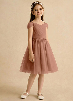 Azazie Lila Girls Formal Robe Demoiselle D'honneur Fillette Robe Trapèze en Tulle Épaule décolletée Bronze image5