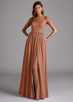 Azazie Calianna Robes de demoiselle d'honneur Robe Trapèze Convertible en Satin extensible Épaule décolletée Bronze image1
