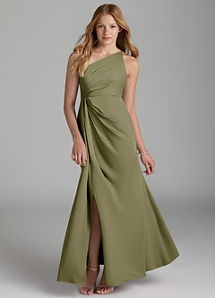 Azazie Mika Junior Pistachio A-Line Pleated Stretch Satin Dress image1