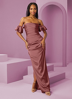 Barbie ♥ Azazie Bridesmaid Dresses Amethyst Sheath Off the Shoulder Stretch Satin Convertible Dress image1
