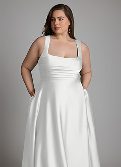Azazie Azaria Vestidos de madrinha de casamento Vestido Branco de Cetim elástico de Linha A com Corpete image12