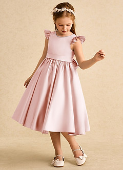 Azazie Dumpling Blumenmädchenkleider A-Linie Schleifen Matte Satin Kleid Zartrosa image4
