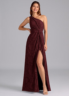 Azazie Brooke Bridesmaid Dresses Cabernet A-Line One Shoulder Floral Burnout Dress image3