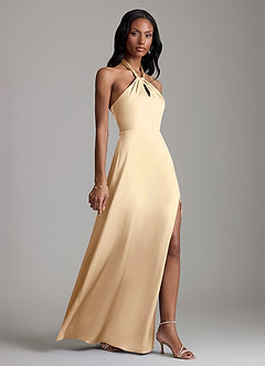 Azazie Tracie Bridesmaid Dresses Champagne A-Line Side Slit Stretch Satin Dress image3
