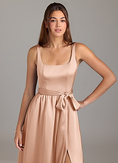 Azazie Elliott Bridesmaid Dresses Rose Gold A-Line with Pockets Stretch Satin Dress image2