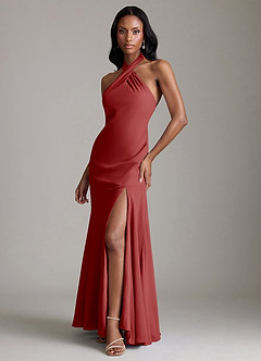 Azazie Lorena Bridesmaid Dresses Rust Mermaid Pleated Chiffon Dress image4