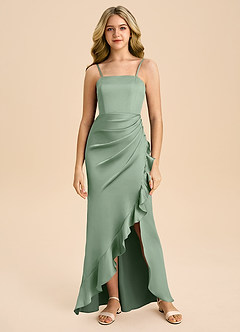 Azazie Buzzy Junior 쉬스 주름진 스트레치 새틴 플로어 길이 주니어 신부 들러리 드레스 image3