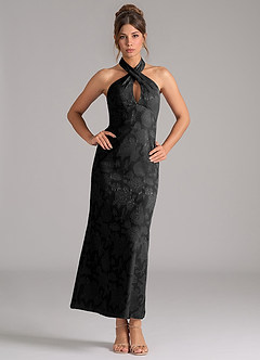Azazie Marlissa Bridesmaid Dresses Black Sheath Pleated Floral Burnout Dress image1