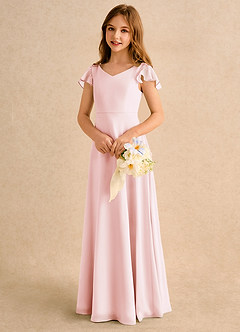 Azazie Nari Junior Formal Flower Girl Dresses Blushing Pink A-Line with Sleeves Chiffon Dress image3