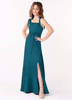 Azazie Barbara Junior Ink Blue A-Line Bow Matte Satin Dress image1