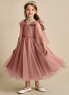 Azazie Dori Robe Demoiselle D'honneur Fillette Robe Trapèze en Tulle Rayé Rose De Cèdre image5