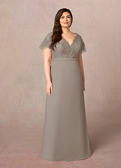 Azazie Singer Mother of the Bride Dresses Taupe A-Line V-Neck Lace Chiffon Dress image7