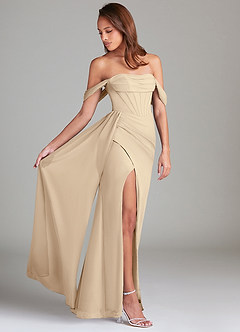 Azazie Amyra Bridesmaid Dresses Champagne Sheath Off the Shoulder Chiffon Convertible Dress image3