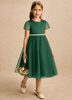 Azazie Kaylor Flower Girl Dresses Dark Green A-Line Pleated Tulle Dress image1