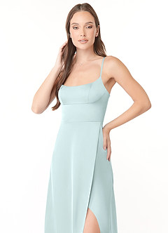Azazie Halsey Final Sale Sea Glass A-Line Side Slit Stretch Satin Dress image6