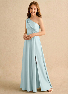 Azazie Puddles Girls Formal Flower Girl Dresses Mist A-Line One Shoulder Stretch Satin Dress image4
