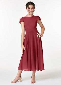 Azazie Payton Junior Pomegranate A-Line Bow Chiffon Dress image1