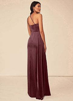 Azazie Maron Bridesmaid Dresses Sangria A-Line One Shoulder Stretch Satin Dress image4