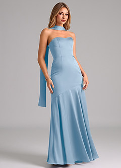 Azazie Shiloh Brautjungfernkleider Wandelbar Meerjungfrau-Linie Schulterfrei Stretch-Satin Kleid Puderblau image3