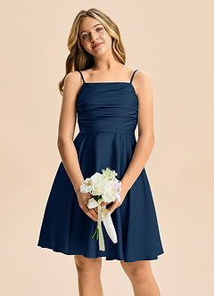 Azazie Miko Junior Dark Navy A-Line Pleated Stretch Satin Dress image6