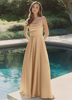 Azazie Shaude Bridesmaid Dresses Champagne A-Line Pleated Stretch Satin Dress image4