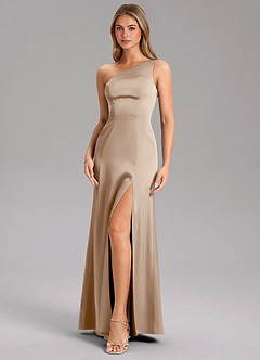 Azazie Phaedra Bridesmaid Dresses Taupe A-Line One Shoulder Stretch Satin Dress image6
