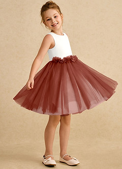 Azazie Louisa Blumenmädchenkleider A-Linie ärmellos Tüll Kleid Elfenbein Kastanienbraun image3