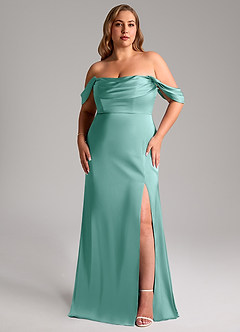 Azazie Saige Bridesmaid Dresses Aqua Sheath Off the Shoulder Stretch Satin Dress image11