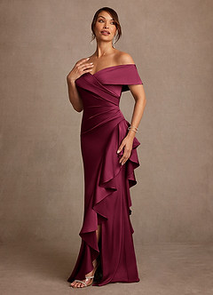 Azazie Kirsty Klänningar till brudens mor Klänning Tubklänning i Stretch Satin Off the shoulder Bourgogne image3
