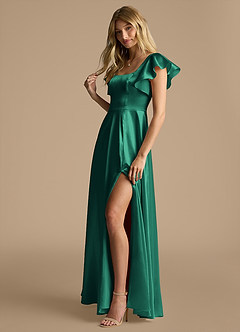 Azazie Bondi Bridesmaid Dresses Emerald A-Line Bow Metallic Satin Dress image7