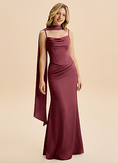 Azazie Sorrel Junior Merlot Mermaid Ruched Stretch Satin Dress image3