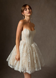 Azazie Clover Vestidos de novia Vestido de Blanco Diamante Nude de Encaje de Corte Princesa con Sin tirantes image2