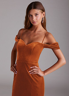 Azazie Shay Bridesmaid Dresses Burnt Orange Sheath Off the Shoulder Velvet Convertible Dress image5