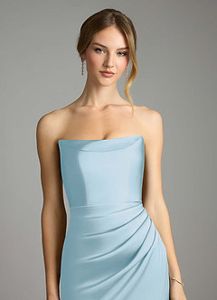 Azazie Leonis Vestidos de damas de honor Vestido de Azul Cielo de Satén Elástico de Corte Sirena Convertible con Plisado image4