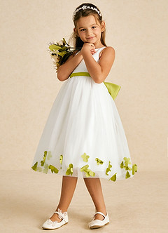 Azazie Dot Flower Girl Dresses Ivory Lemongrass A-Line Bow Tulle Dress image4
