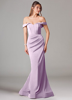 Azazie Everly At-home Try On Dresses Amethyst Mermaid Off the Shoulder Stretch Satin Convertible Dress image3